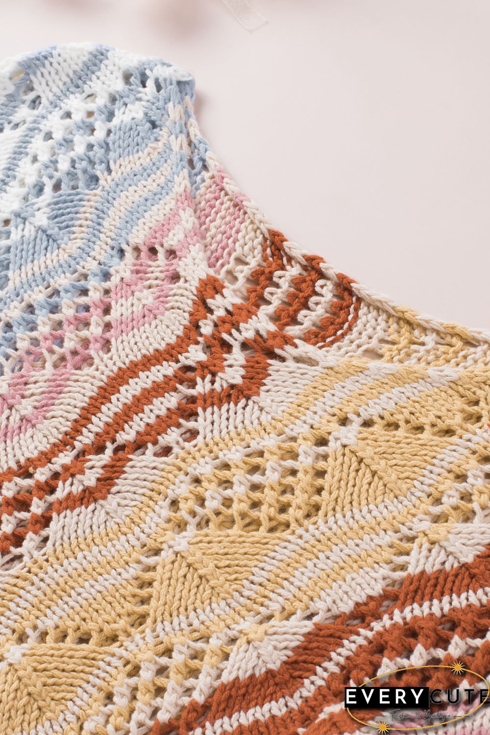 Multicolor Stripe Knit Hollow Out Drop Shoulder Sweater