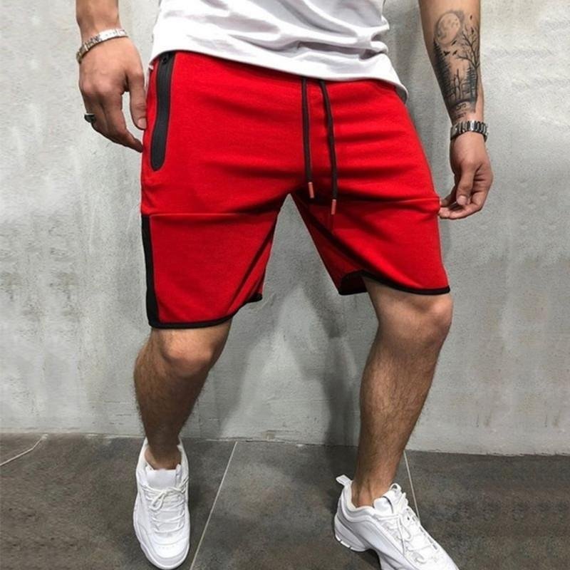 Stitching Zipper Pocket Drawstring Waist Sports Shorts