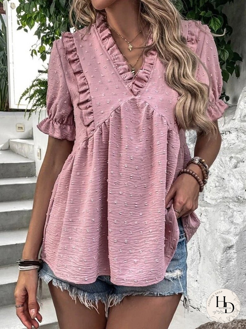 Blouses Jacquard V-Neck Ruffle Short Sleeve Blouse for Women