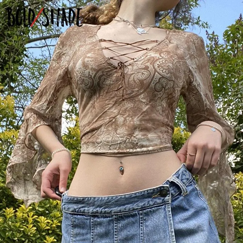 Bold Shade Fairy Core Women Tops Lace Up V-neck Sexy Flare Sleeve Indie Fashion Vintage T-Shirts Autumn Floral Printing Tshirt