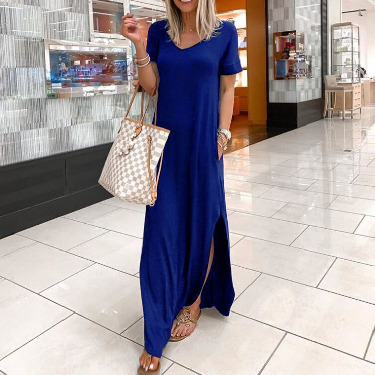 Casual short-sleeved solid color dress