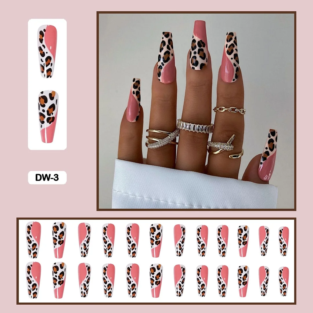 24Pcs Personality Painted Animal Pattern Cow Pattern Leopard Printed Wearable False Nails Fake Nails With Glue And Wearing Tools