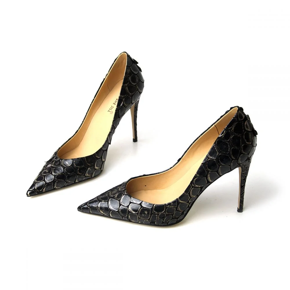 Python 4-inch Heels Pointed Toe Leather Pumps Shoes for Women Nicepairs