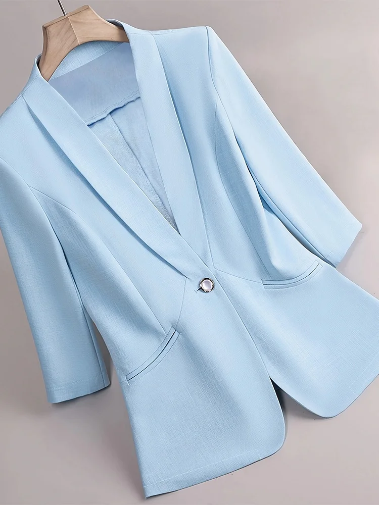 Women's Light Blue Business Blazer - Structured Notched Lapel Jacket, Office To Evening Formal Attire, Machine Washable Professional Women's Coat, Evening Wear, Single Button Closure