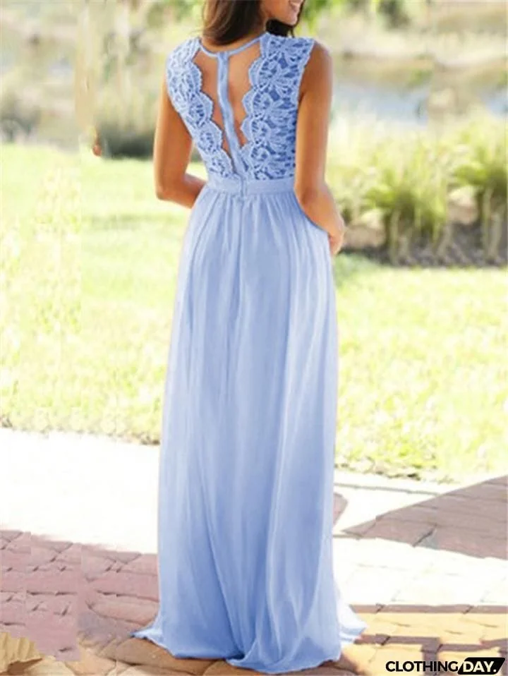 Flattering Fitted Waist Floral Lace Bodice Chiffon Dress for Prom