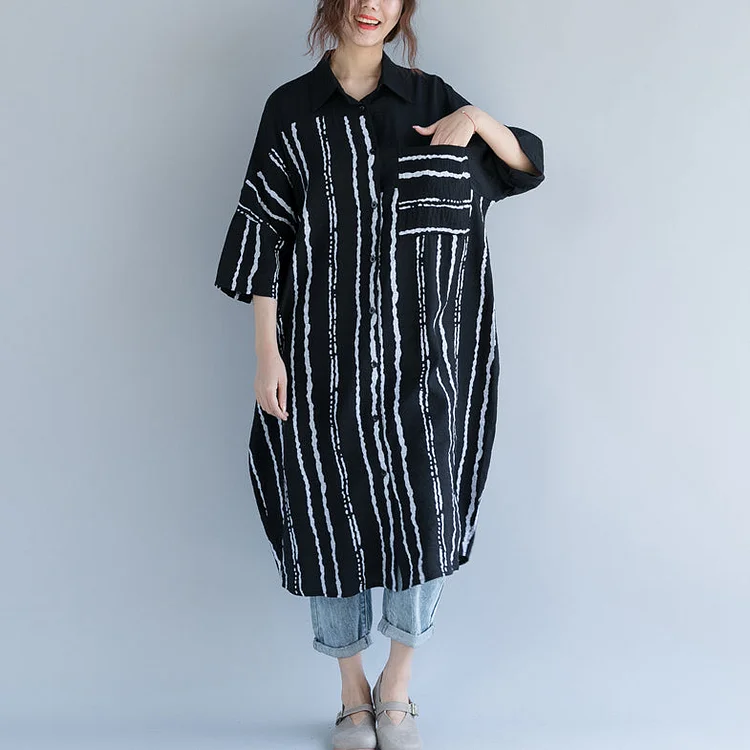 New black Midi-length cotton dress trendy plus size traveling dress 2018 bracelet sleeved patchwork Turn-down Collar striped cotton dresses