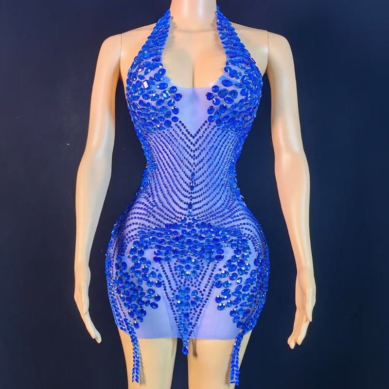TAAFO  Club Dress Mesh Sleeveless Woman Velvet Party Dress With Colourful Rhinestones And Pearl Mix
