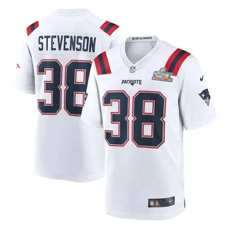 Men's New England Patriots #38 Rhamondre Stevenson White Super Bowl LX Patch Game Jersey