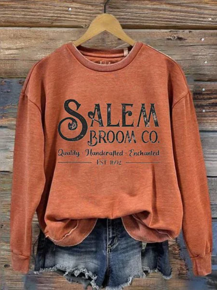 Women's Salem Broom Co Quality Handcrafted Enchanted Est 1692 Printed Round Neck Long Sleeve Sweatshirt socialshop