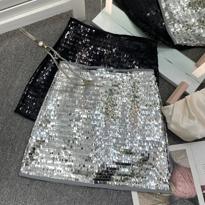 Brownm Real Shooting Heavy Industry Flash Shiny Piece High Waist Thin A Short Skirt Picts Anti-Walking Bag Hip Step Skirt 8108