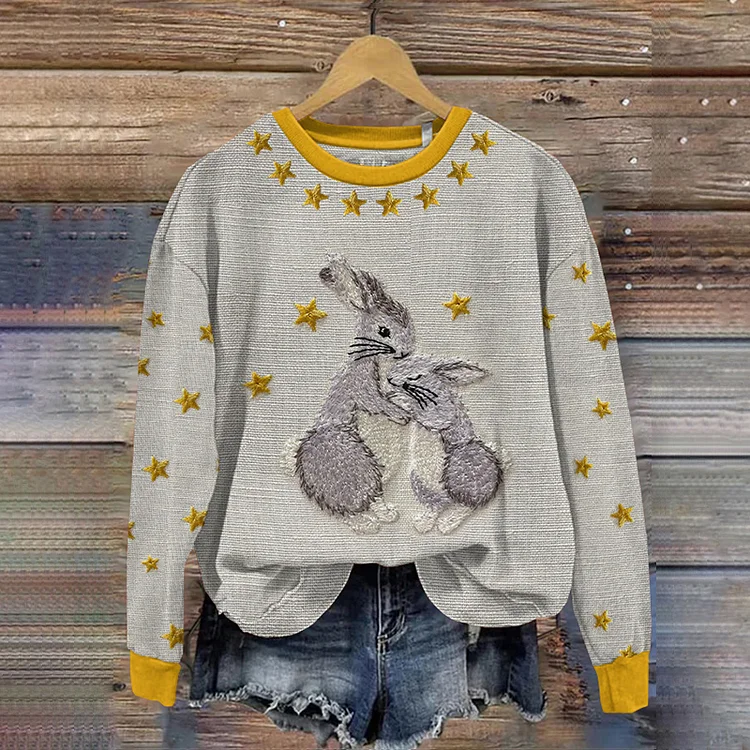 VChics Cute Bunny Print Crew Neck Casual Sweatshirt