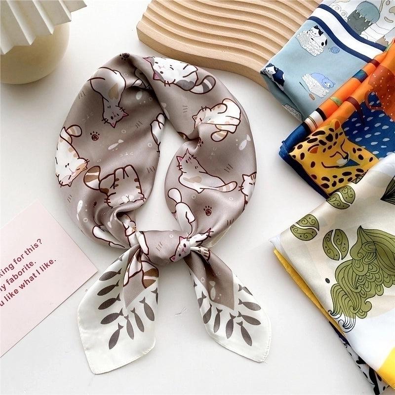 Women’s Sweet Color Block Cat Polyester Printing Silk Scarves