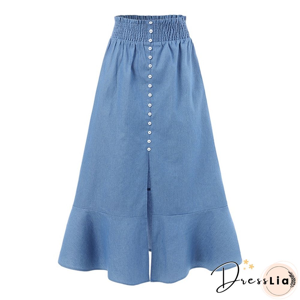 Women Elastic Waist Button Front Denim Skirt Flared Hem Casual Long Skirts