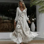 Women's Vintage Floral Embroidery Art V-neck Casual Long Sleeve Maxi Dress - Image 2