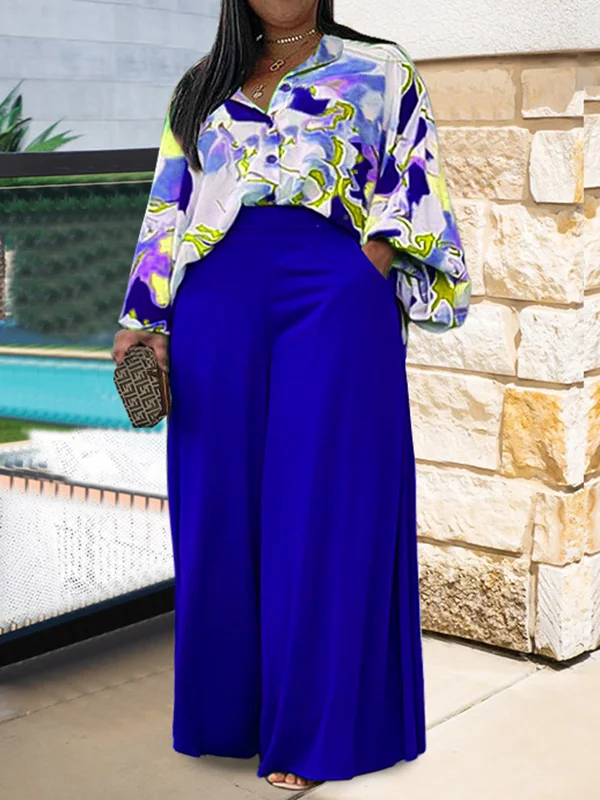 Long Sleeves Lapel Buttoned Flower Print  Shirts Top + High Waisted Pants Bottom Two Pieces Set