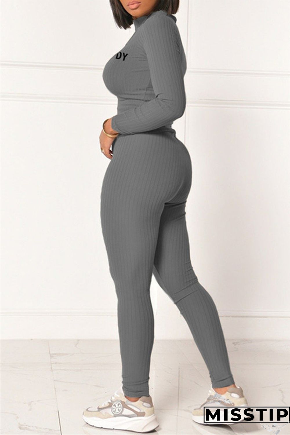 Grey Fashion Casual Letter Print Basic Half A Turtleneck Long Sleeve Two Pieces