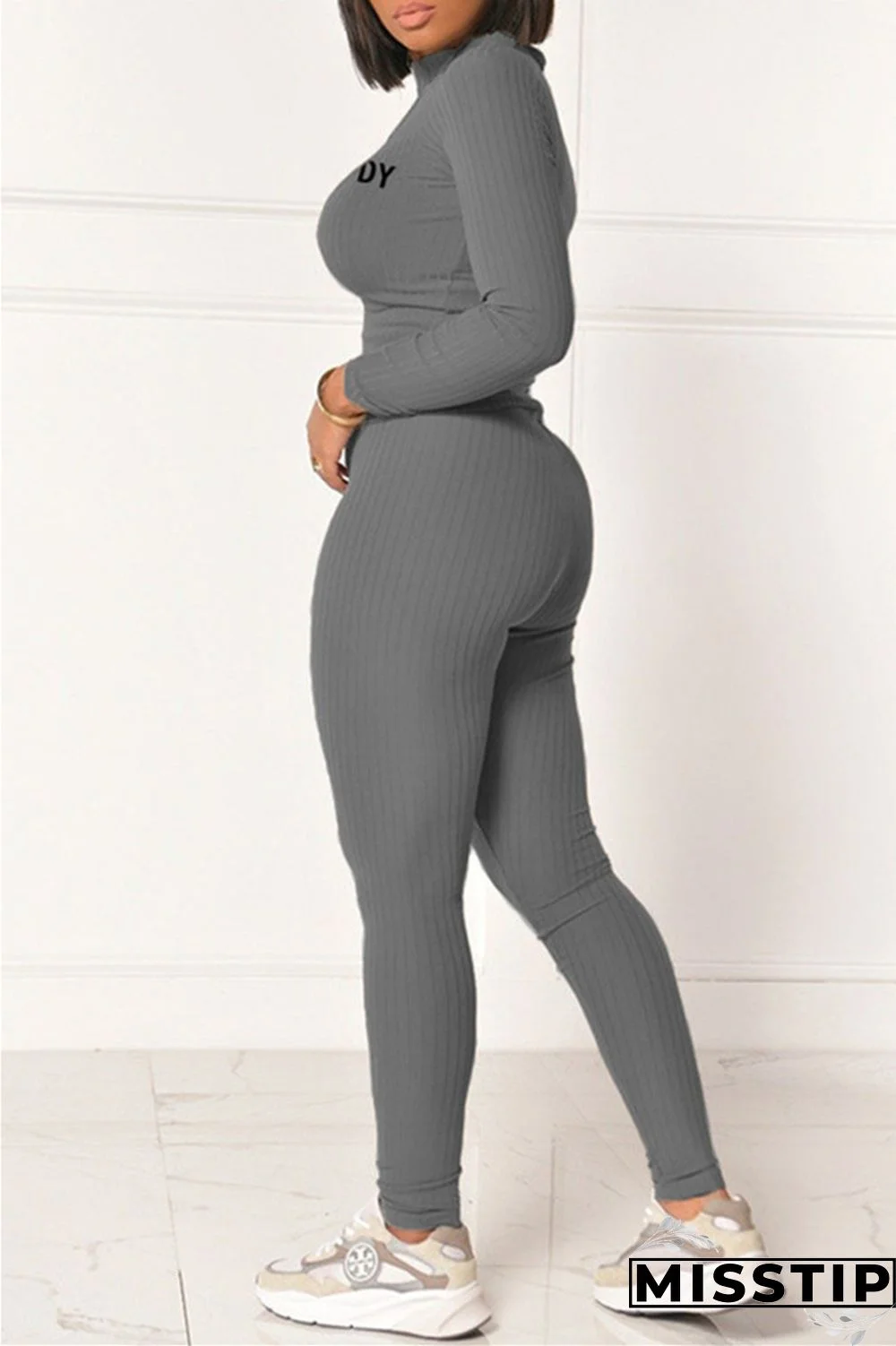 Grey Fashion Casual Letter Print Basic Half A Turtleneck Long Sleeve Two Pieces