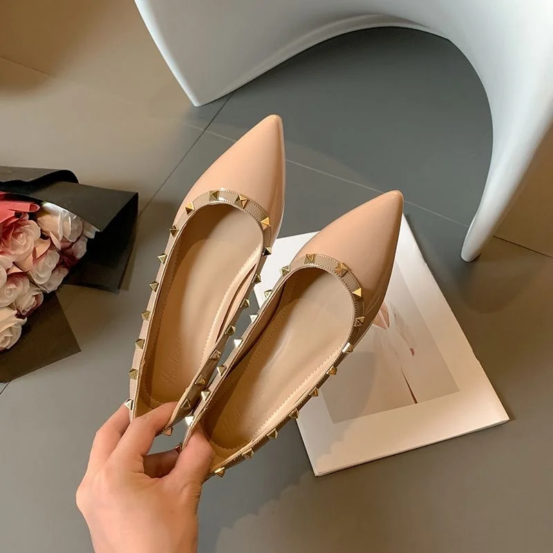 Breakj Breakj Rivet Single Shoes Fender French Temperament Piercing Wearing Willow Dingy Shoes Evening Evening Wind Gentle Nude Flat Shoes Women