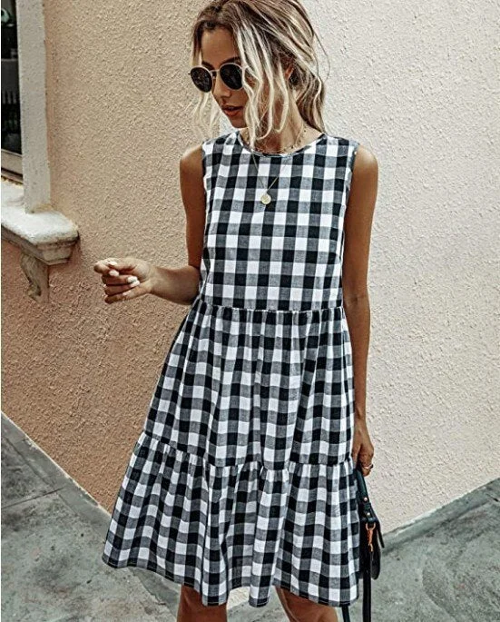 Plaid Dresses For Women Summer Casual Loose Ruffled Midi Dress Female Sleeveless Vintage Tank Dress Ladies Vacation Sundress