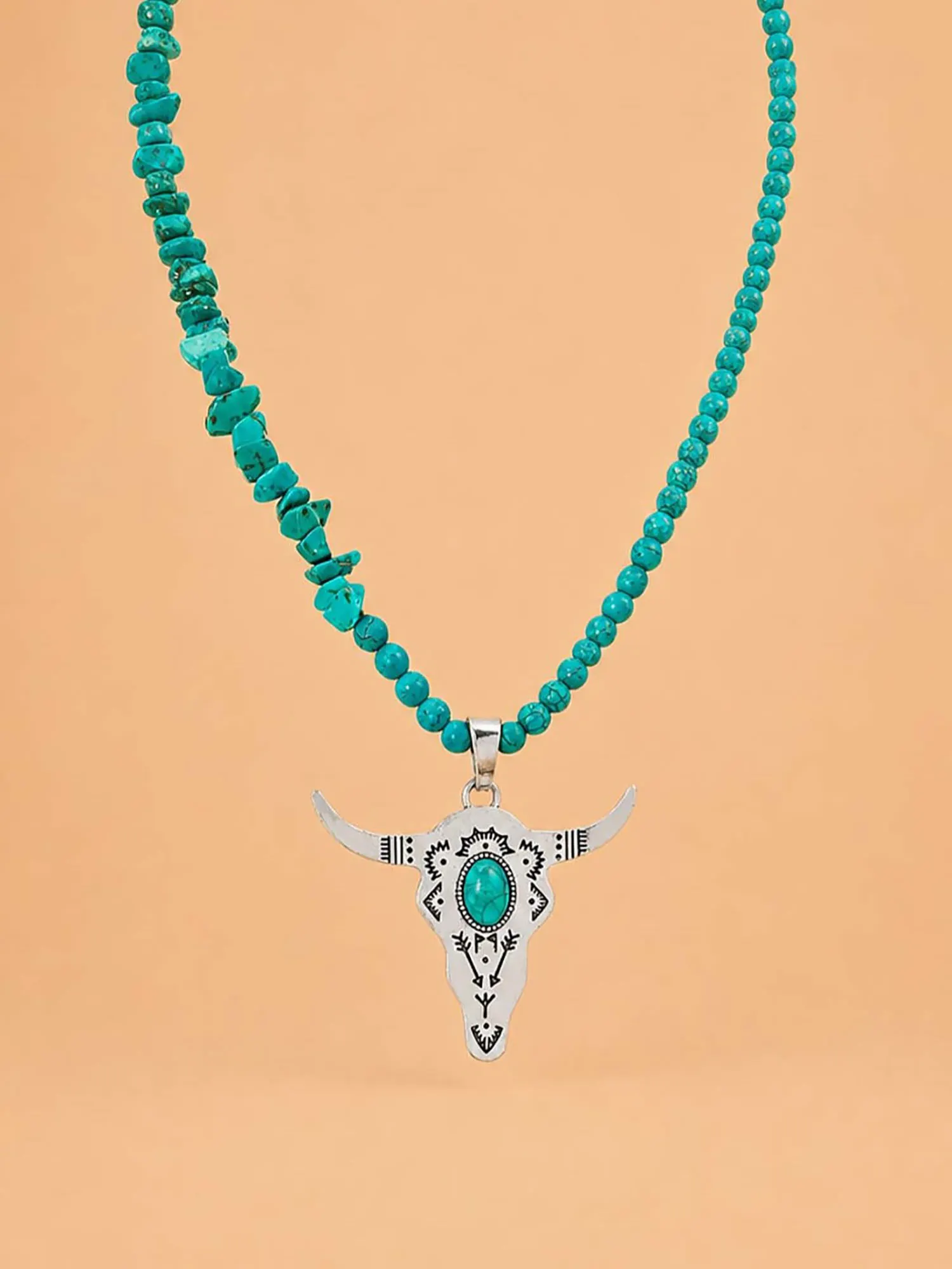 Vintage Western Bull Skull Turquoise Beaded Necklace | Southwestern Boho Statement Jewelry