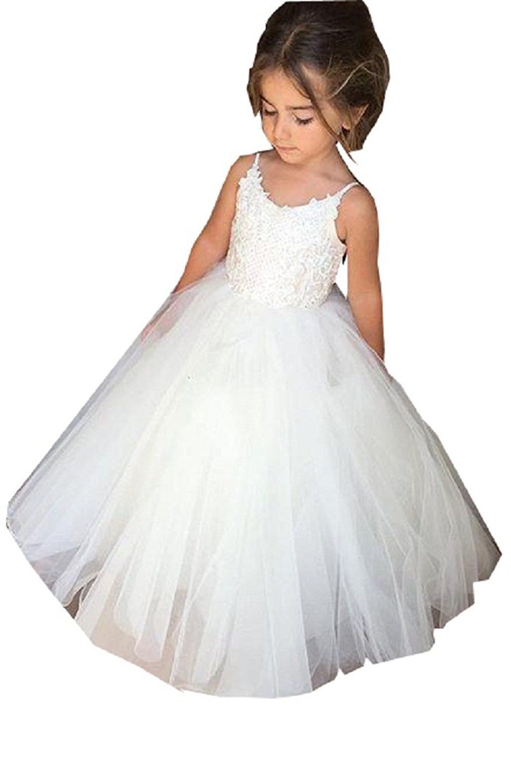 Oknass Square Neckline Sleeveless Ball Gown Flower Girl Dress Lace with Lace