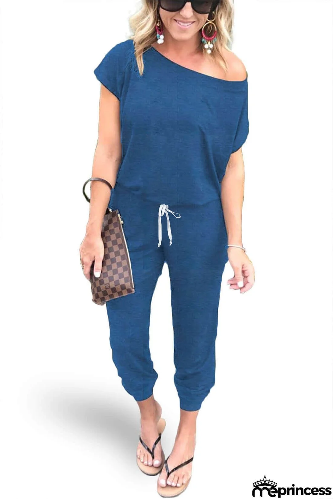 Women's Loose Fit Off Shoulder Jumpsuit Rompers with Pockets