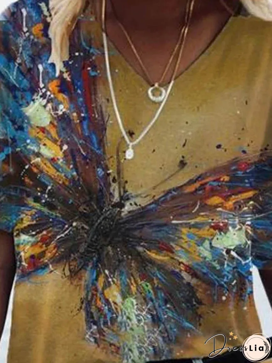 Butterfly Printed V-neck T-shirt for Women