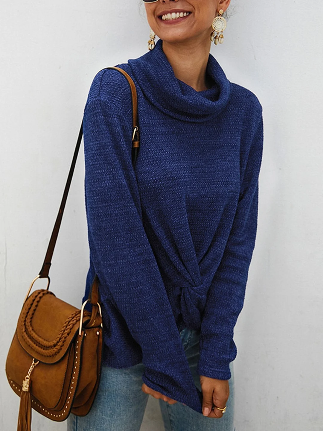 Knitted Cowl Neck Long Sleeve Casual Sweater | EGEMISS