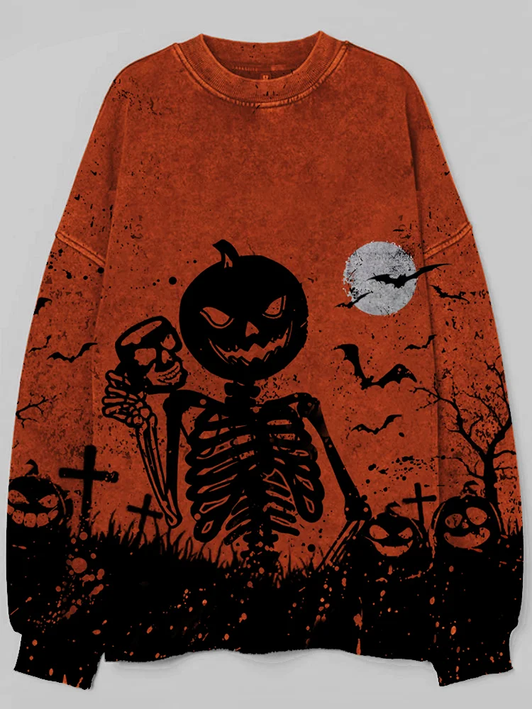 Broswear Halloween Night Horror Pumpkin Face Skeleton Man Washed Old Sweatshirt