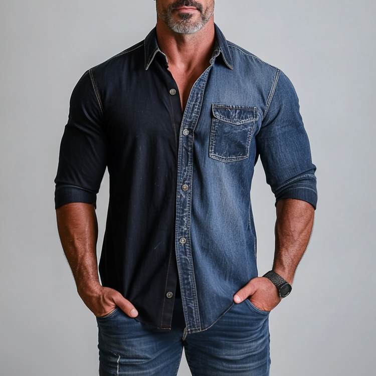 Men's Turndown Collar Button Flap Pocket Denim 3/4 Sleeve Shirt