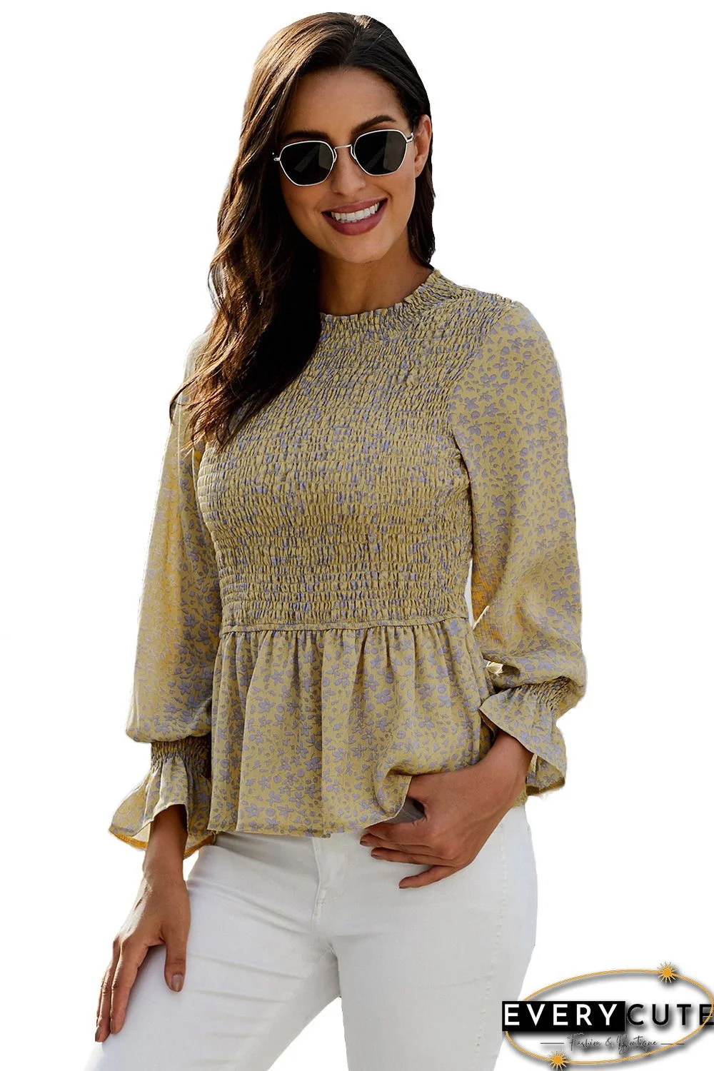 Yellow High Neck Boho Floral Blouse