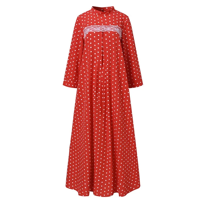 Bohemian Long Maxi Dress Women Casual Long Sleeve Vestidos 2022 VONDA Vintage Polka Dot Lace Pleated Robes Longue Sundress