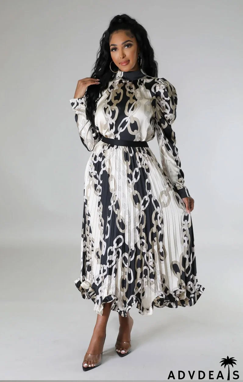 Women Fall Casual Long Sleeve Pleated Print Top and Skirt Two-Piece Set