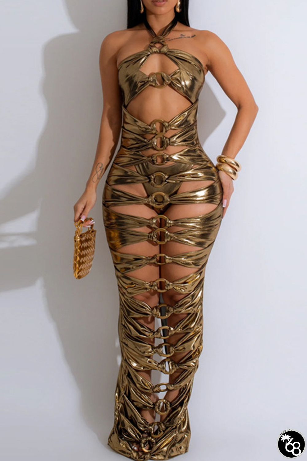 Sexy Solid Hollowed Out Patchwork Metal Accessories Decoration Halter Long Dress Dresses | 168DEAL