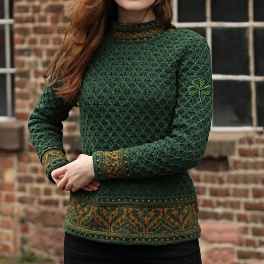 Women's Irish Celtic Knotted Trefoil Jacquard Turtleneck Sweater