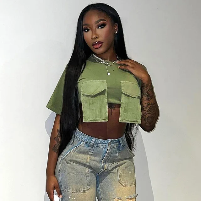 Fashion Cargo Pockets Green T-Shirts Women Casual O-Neck Short Sleeve Slim Crop Tops 2024 Summer Female Tees Streetwear
