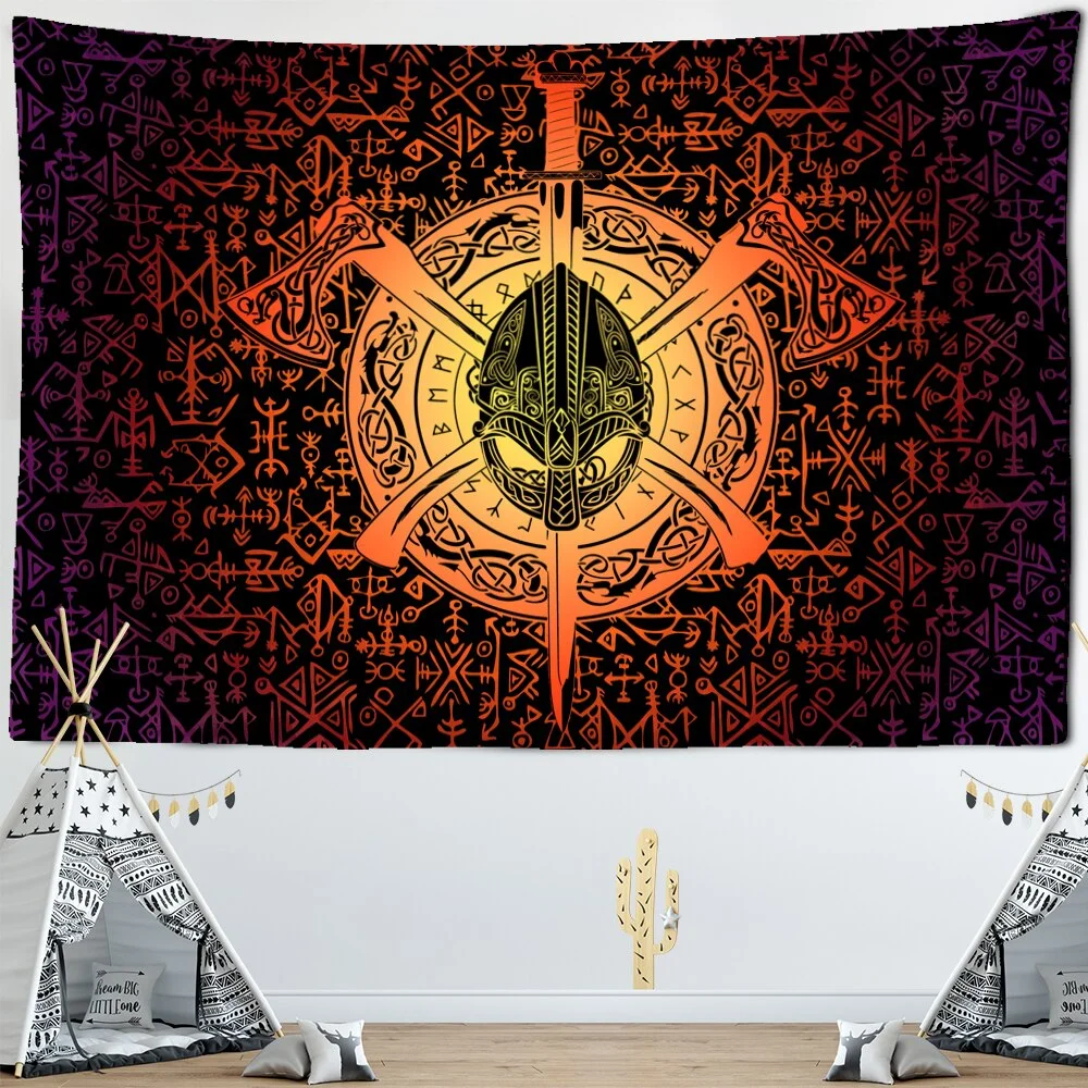 Vikings Tapestry wall Raven Mysterious Meditation Psychedelic Runes Art Wall Hanging Tapestries for Living Room Tarot Sun Moon