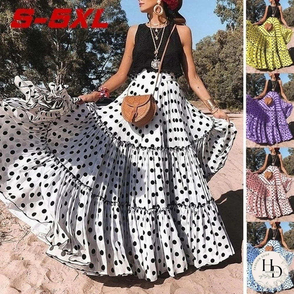 Xs-5Xl Summer Ladies Maxi Skirt Dress High Waist Polka Dots Maxi Skirt Women Casual Elegant Long Skirt Women Wave Point Pleated Skirt