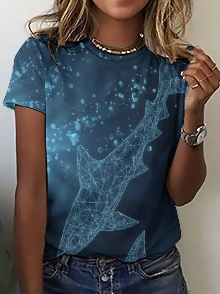 Printed Short Sleeve Casual T-shirt for  Women and Men Unisex Pattern Ocean, Blue, Sea, Fish