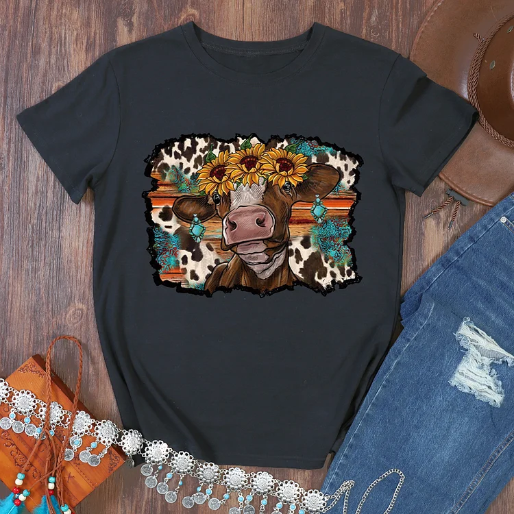 Western leopard sunflower cow graphic T-Shirt Tee-06775-Annaletters