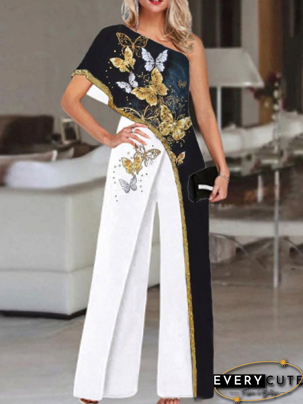 Women'S Jumpsuits Loose Printed One Shoulder Irregular Jumpsuit