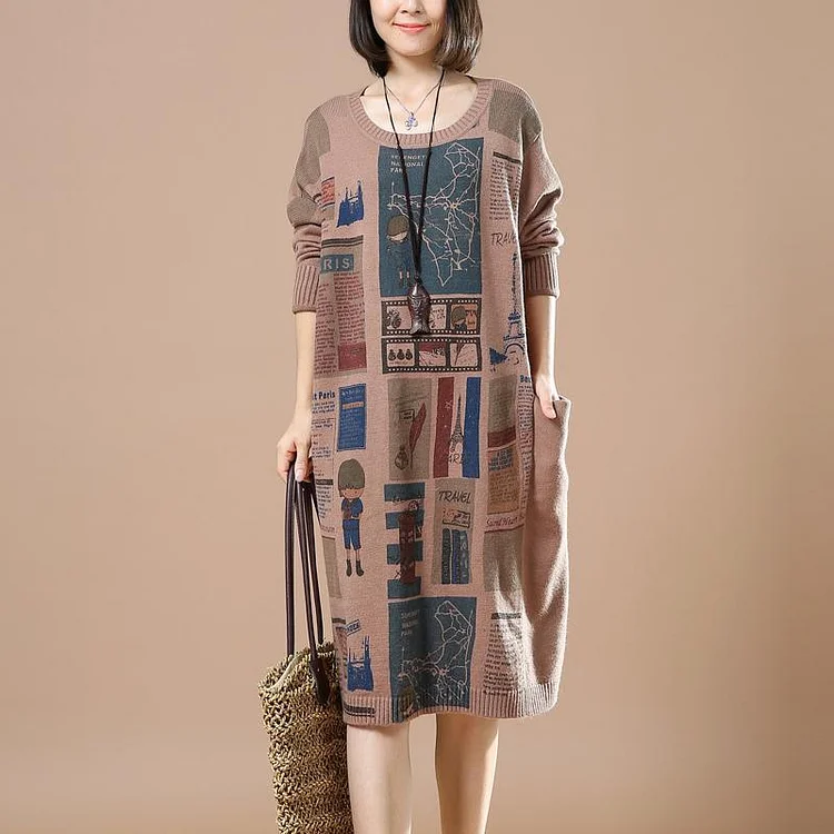 Tan Plus Size Winter Dress Newspaper Print Sweaters