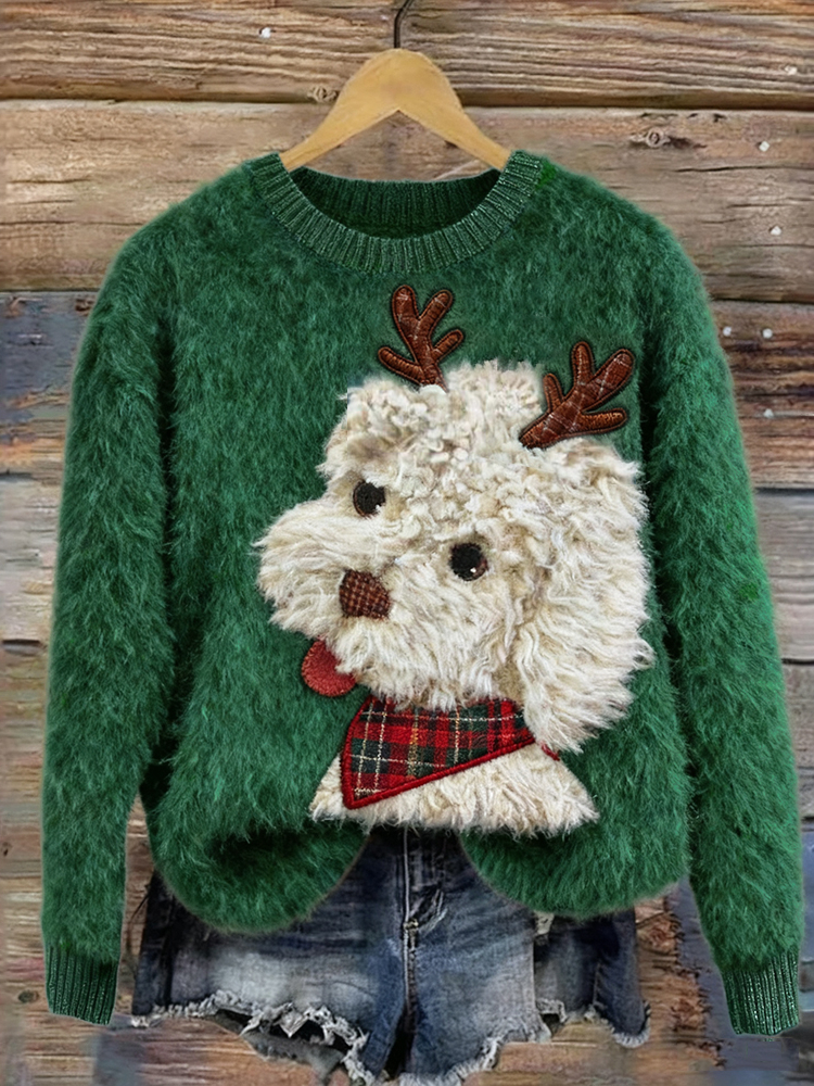 Comstylish Christmas Fuzzy Dog With Reindeer Horns Cozy Sweater