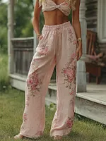 Retro Bohemian Style Pink Rose Casual Cotton And Linen Long Pants