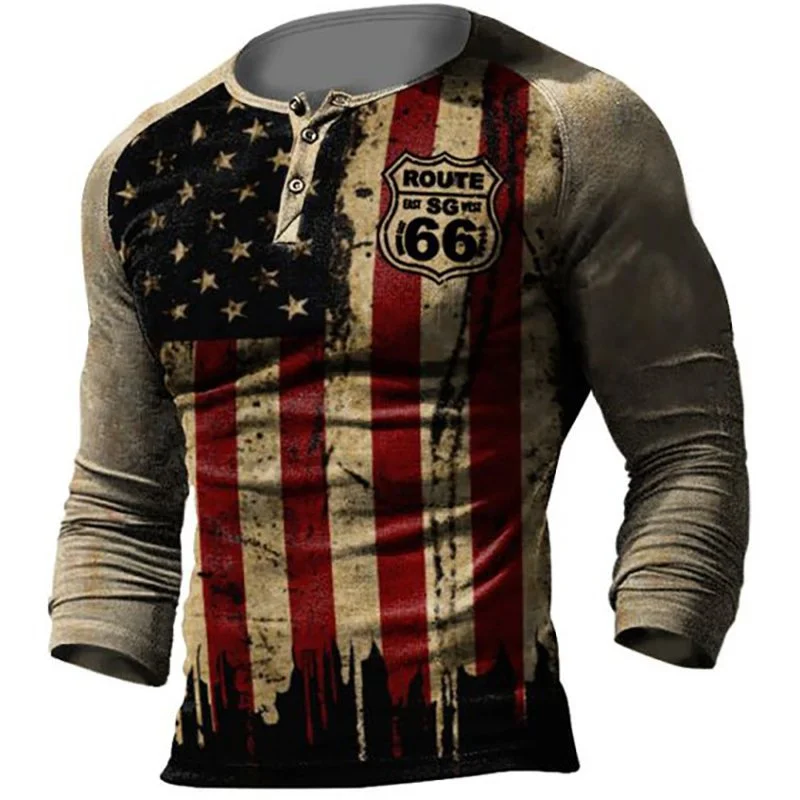 Men's Vintage Long Sleeve Flag Print T-shirt