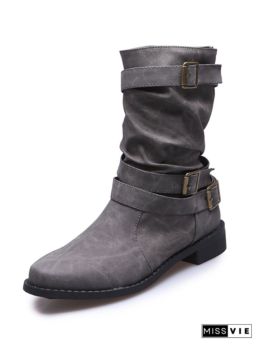 Ruched Buckle Casual Leather Booties