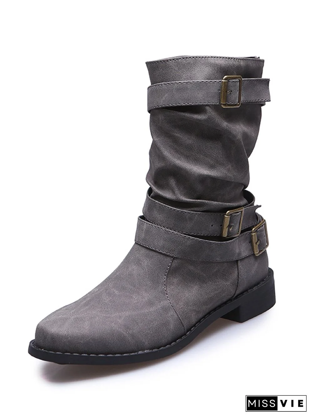Ruched Buckle Casual Leather Booties