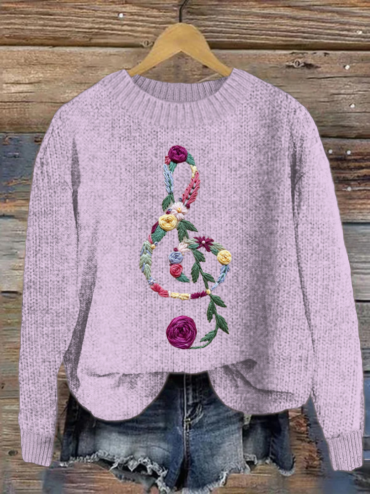 Floral Music Pattern Crew Neck Sweater wearshes