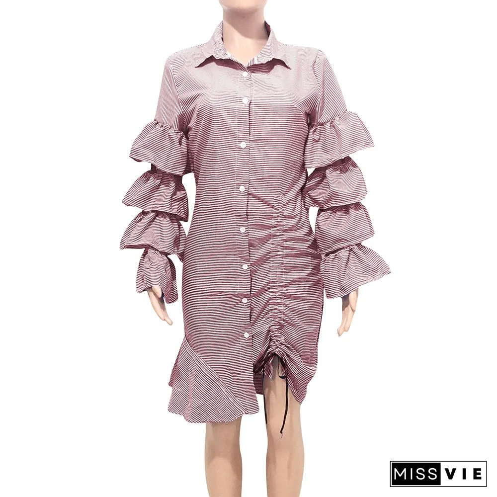 Leisure Stripes Multi Layer Flounced Sleeves Single-breasted Hem Midi Dress