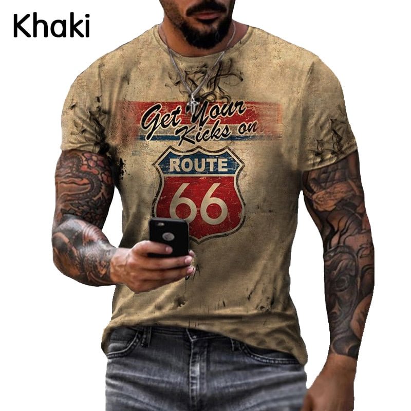 2021 Summer Men's T-Shirt Vintage European and American 66 Road Printed Short Sleeve T-Shirt Casual O Neck Quick-Drying T-Shirt